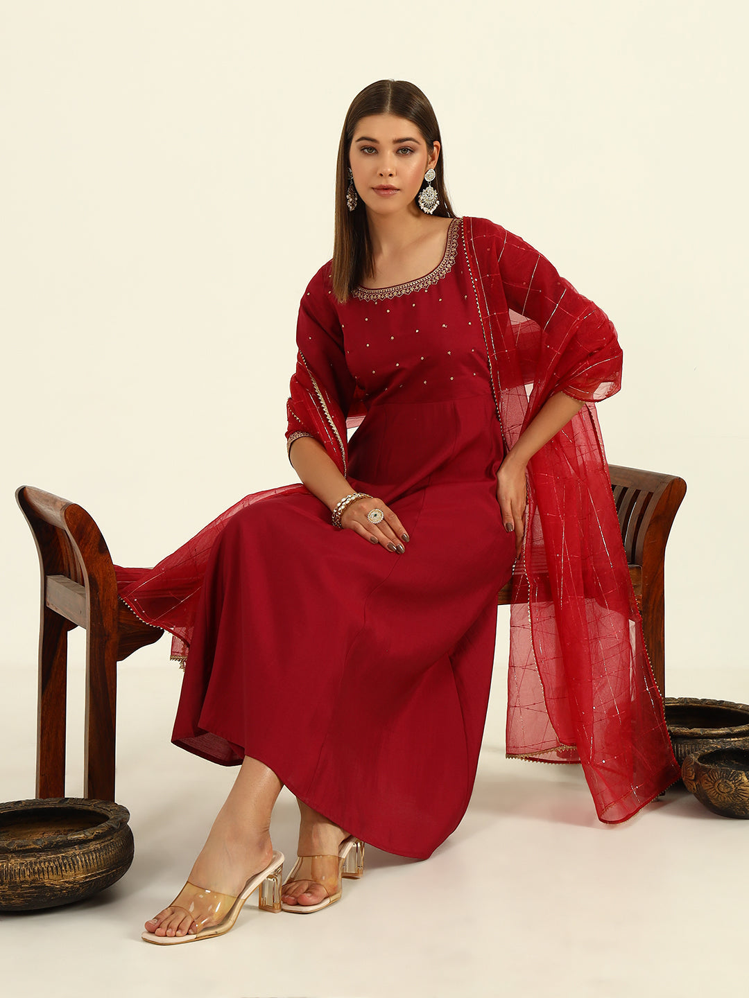 Maroon-Viscose-Chanderi-A-Line-3-Piece-Kurta-Set