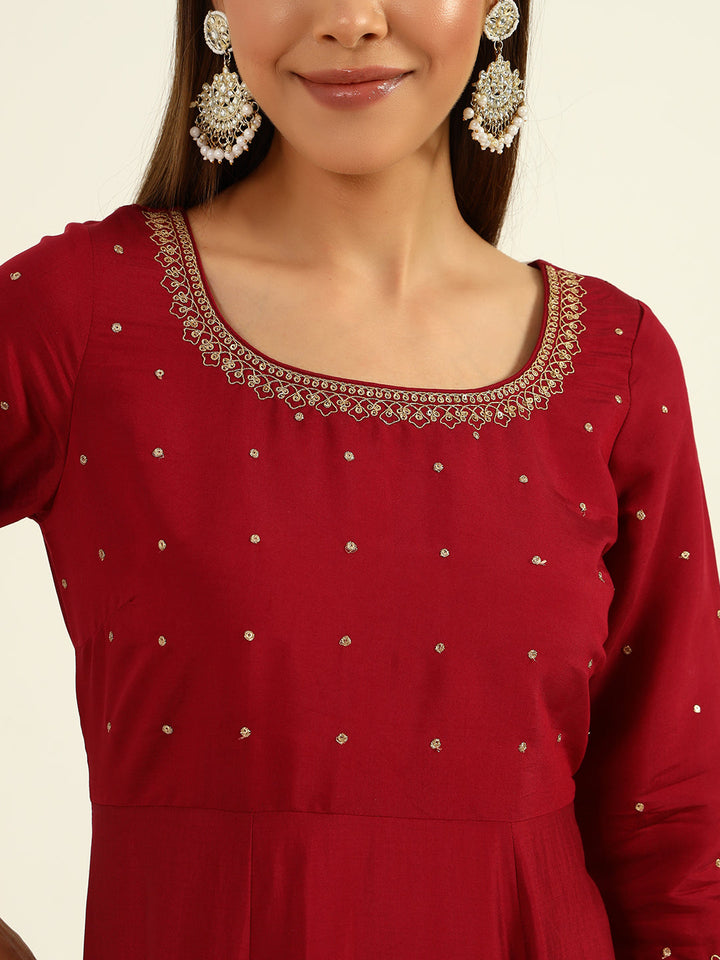 Maroon-Viscose-Chanderi-A-Line-3-Piece-Kurta-Set
