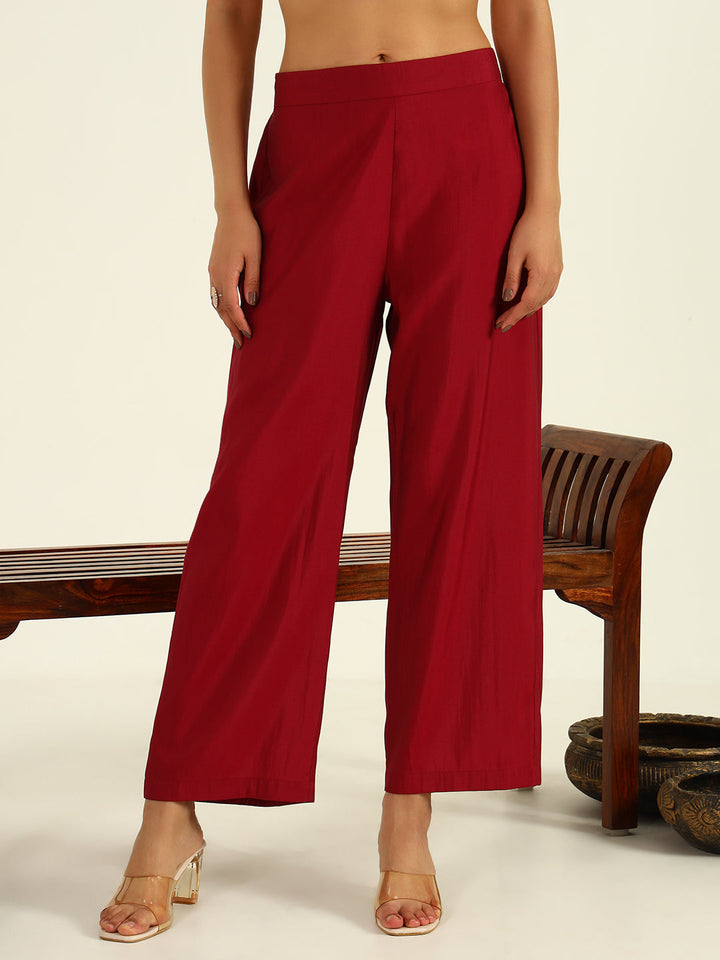 Maroon-Viscose-Chanderi-A-Line-3-Piece-Kurta-Set