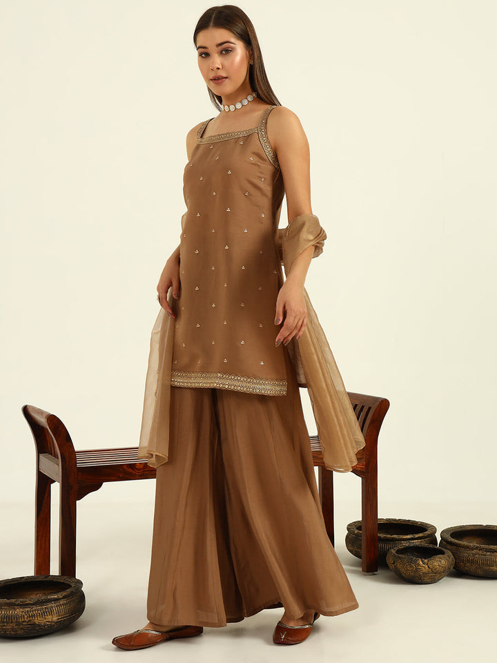 Brown-Viscose-Chanderi-Straight-3-Piece-Sharara-Set