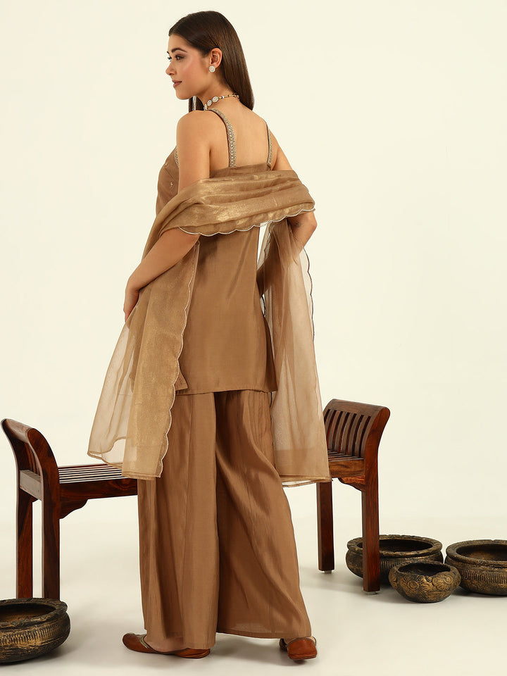 Brown-Viscose-Chanderi-Straight-3-Piece-Sharara-Set