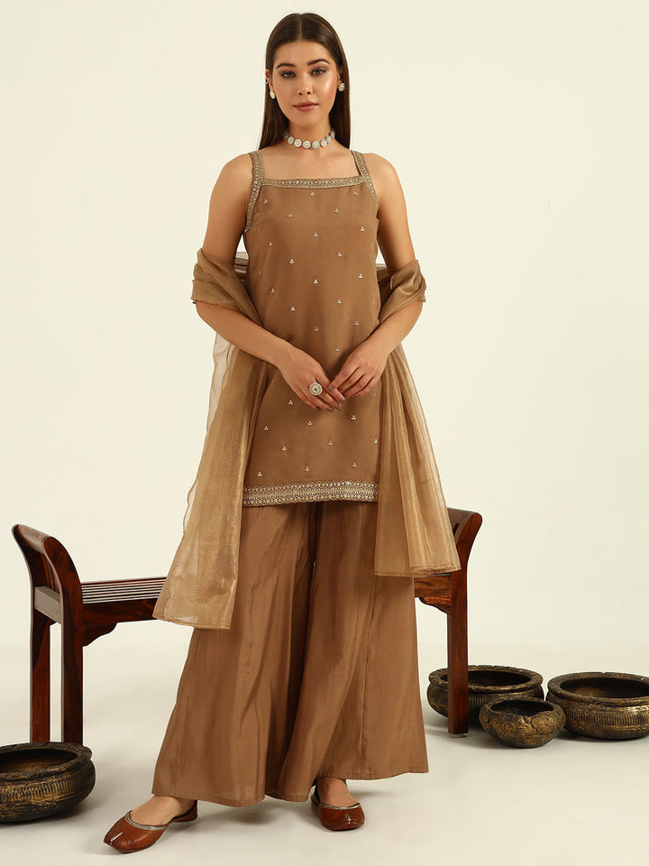 Brown-Viscose-Chanderi-Straight-3-Piece-Sharara-Set