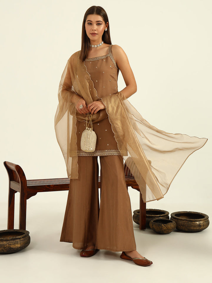 Brown-Viscose-Chanderi-Straight-3-Piece-Sharara-Set