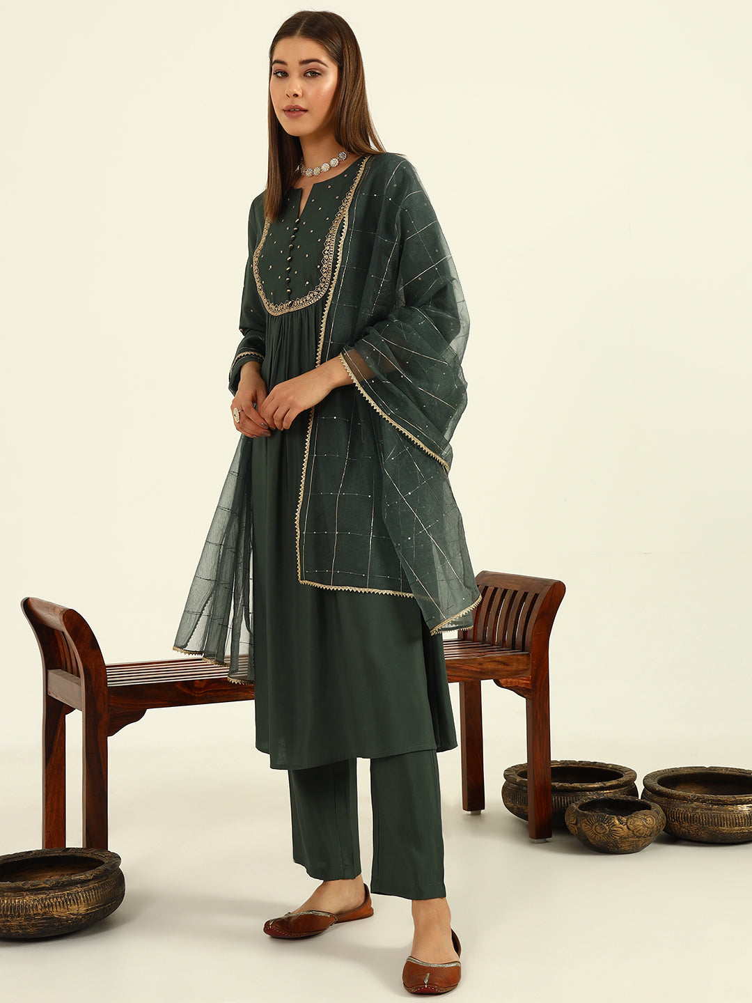 Green-Viscose-Chanderi-A-Line-3-Piece-Kurta-Set