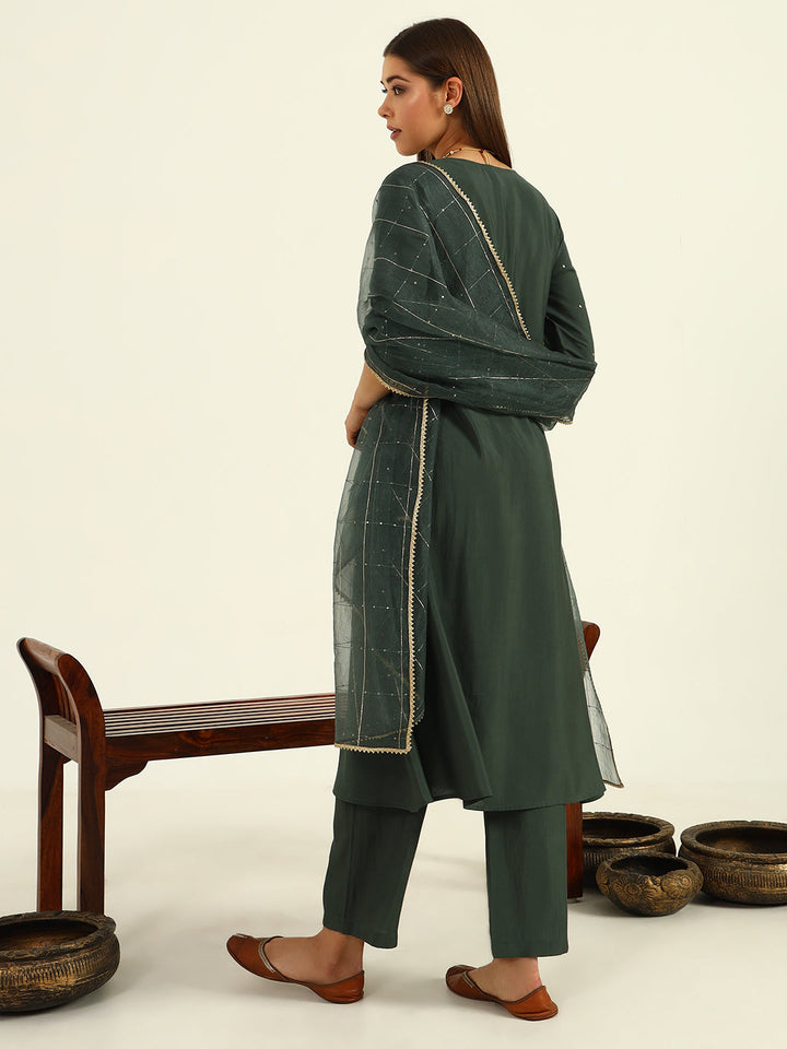 Green-Viscose-Chanderi-A-Line-3-Piece-Kurta-Set