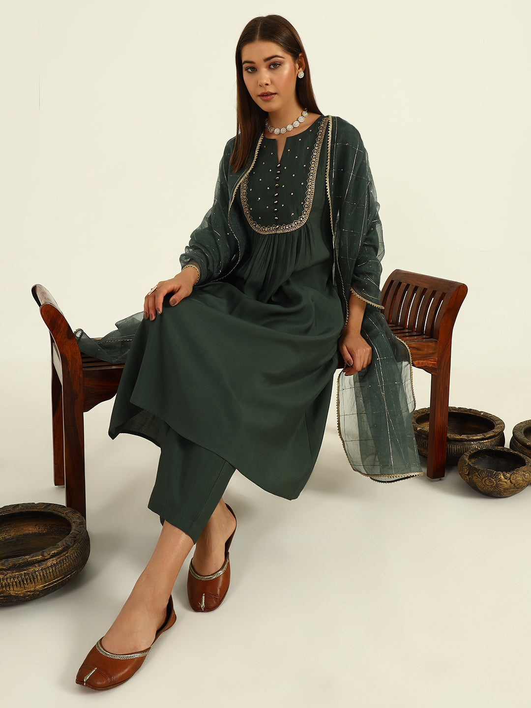 Green-Viscose-Chanderi-A-Line-3-Piece-Kurta-Set