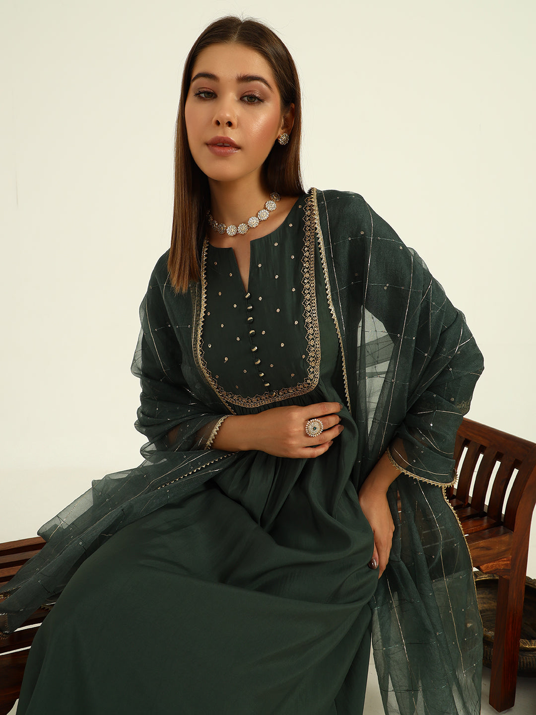 Green-Viscose-Chanderi-A-Line-3-Piece-Kurta-Set