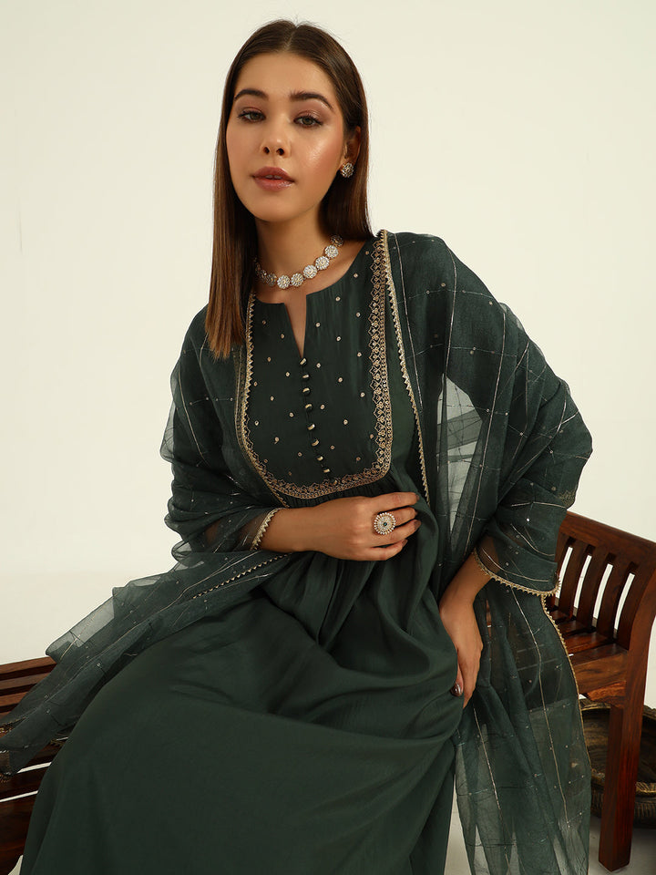 Green-Viscose-Chanderi-A-Line-3-Piece-Kurta-Set