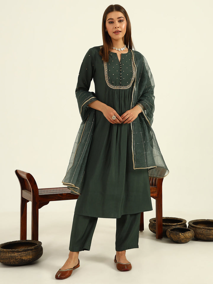 Green-Viscose-Chanderi-A-Line-3-Piece-Kurta-Set