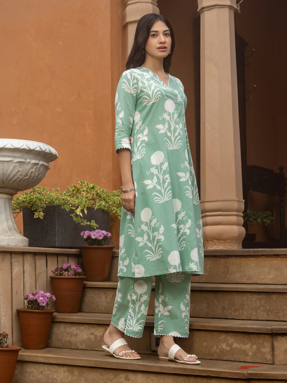 Pista-Green-Cotton-Flared-2-Piece-Kurta-Set