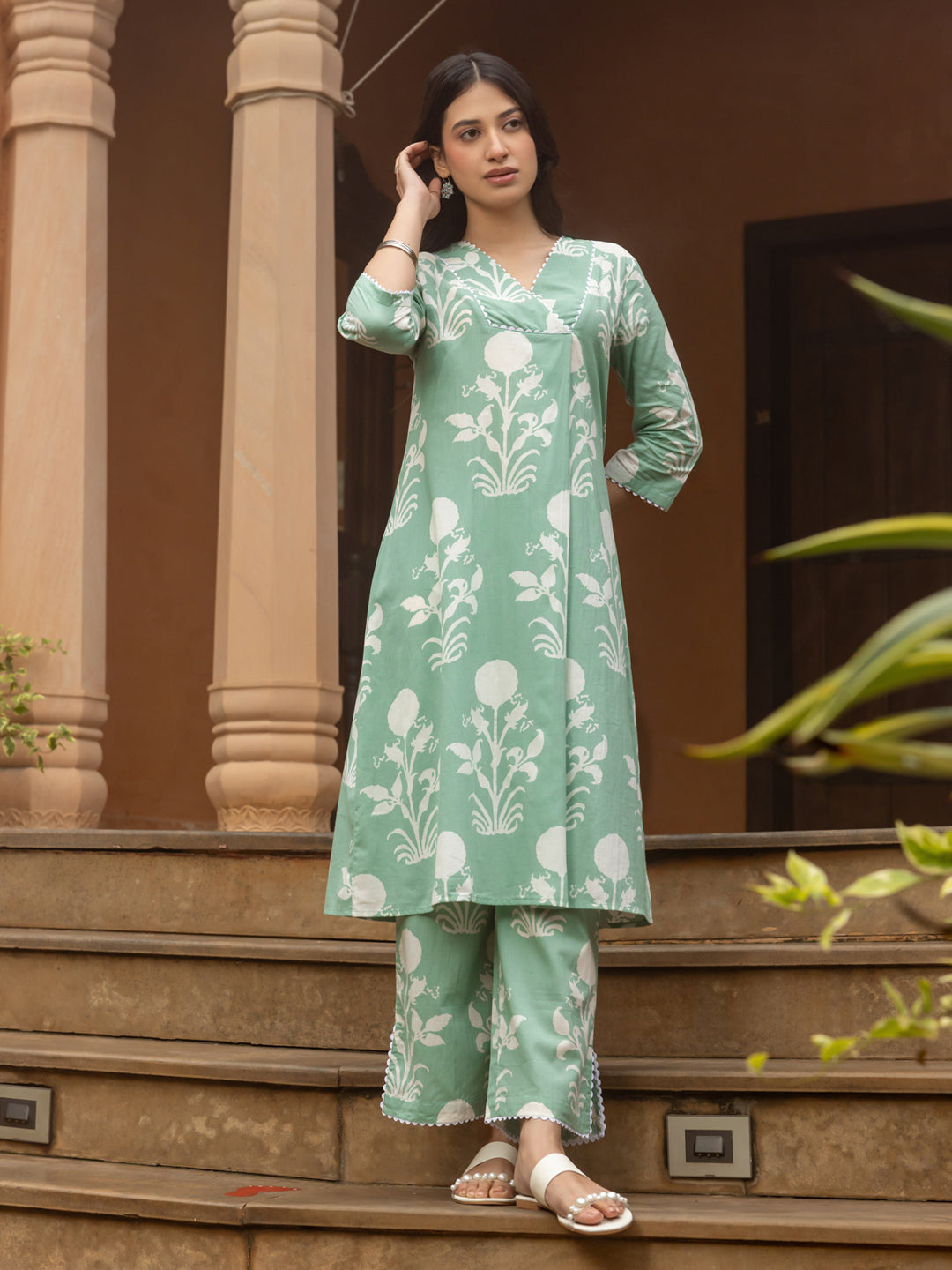Pista-Green-Cotton-Flared-2-Piece-Kurta-Set