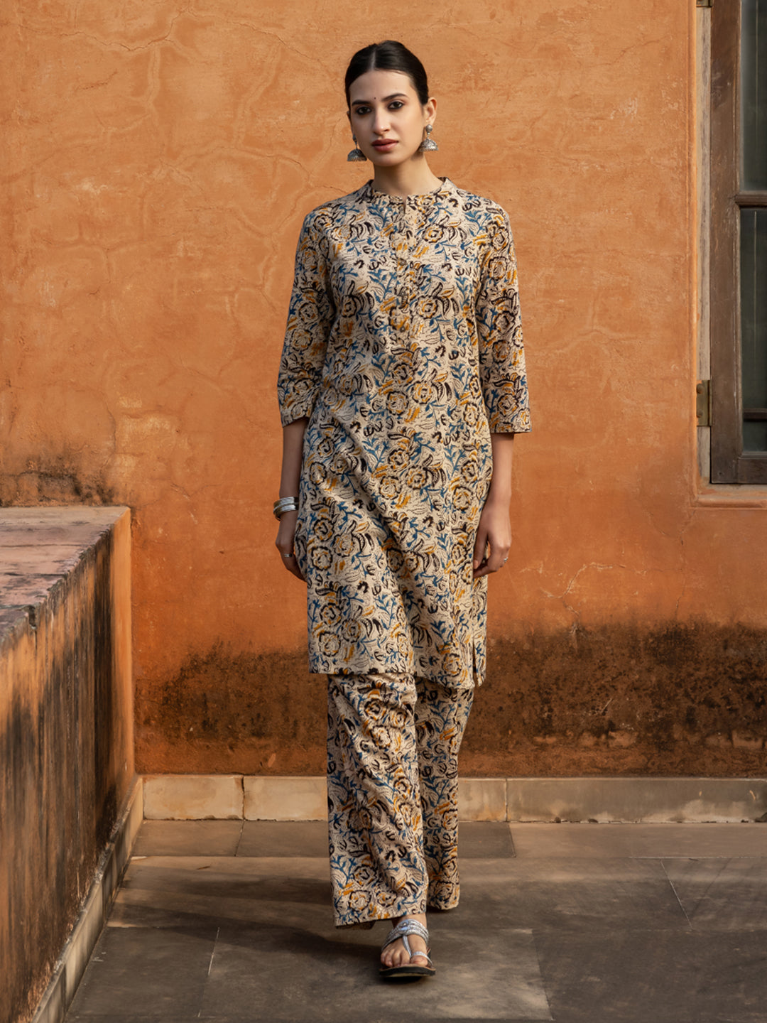 Beige-Cotton-Floral-Print-Straight-2-Piece-Kurta-Set