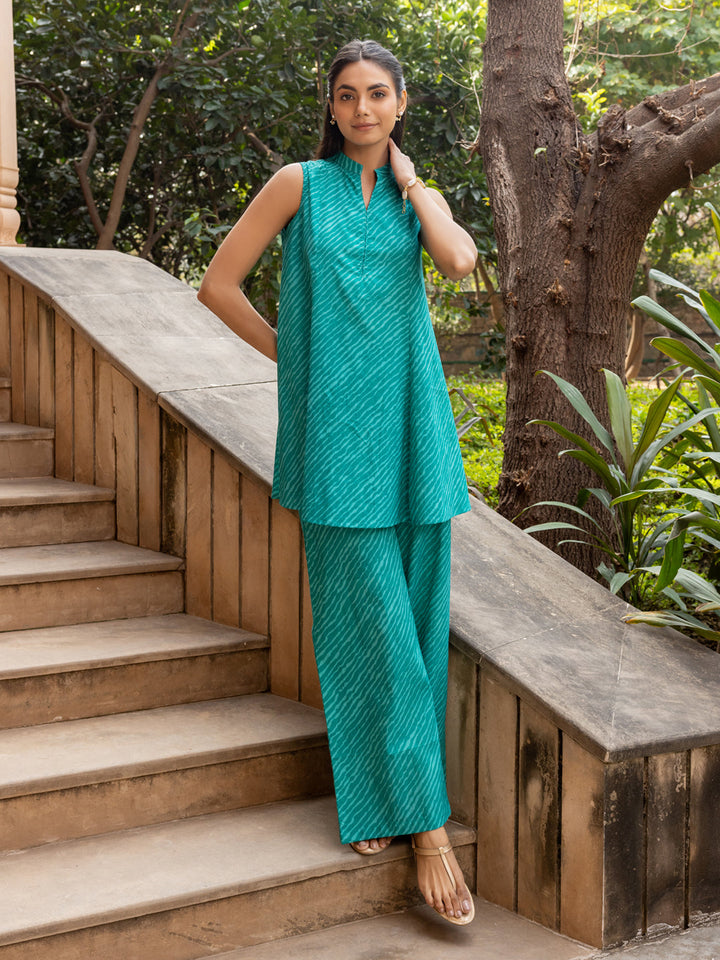 Teal-Green-Cotton-Diagonal-Print-Sleeveless-Co-Ord-Set