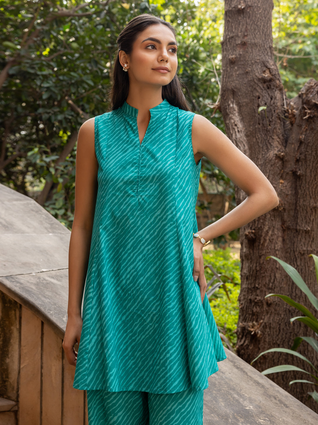 Teal-Green-Cotton-Diagonal-Print-Sleeveless-Co-Ord-Set