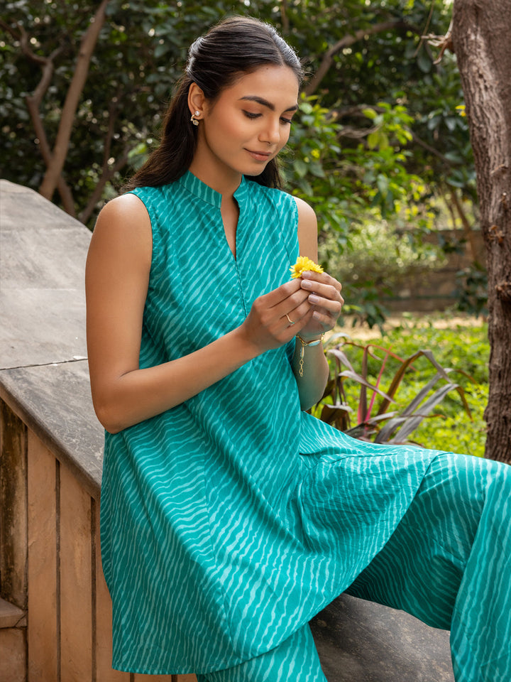 Teal-Green-Cotton-Diagonal-Print-Sleeveless-Co-Ord-Set