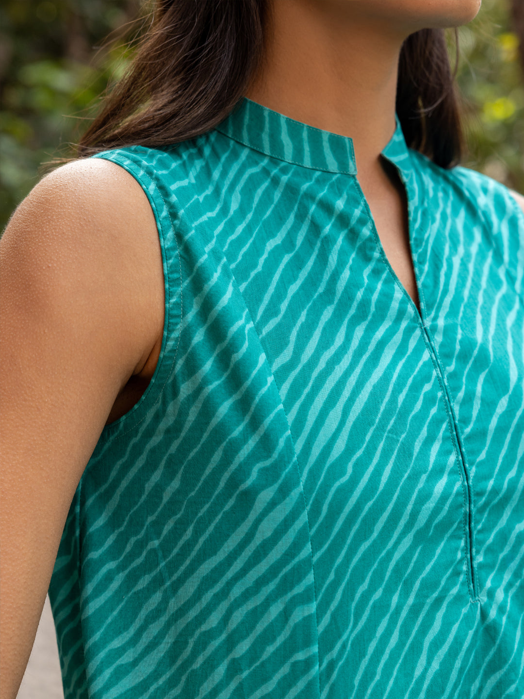 Teal-Green-Cotton-Diagonal-Print-Sleeveless-Co-Ord-Set