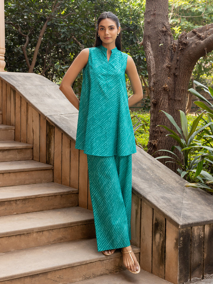 Teal-Green-Cotton-Diagonal-Print-Sleeveless-Co-Ord-Set