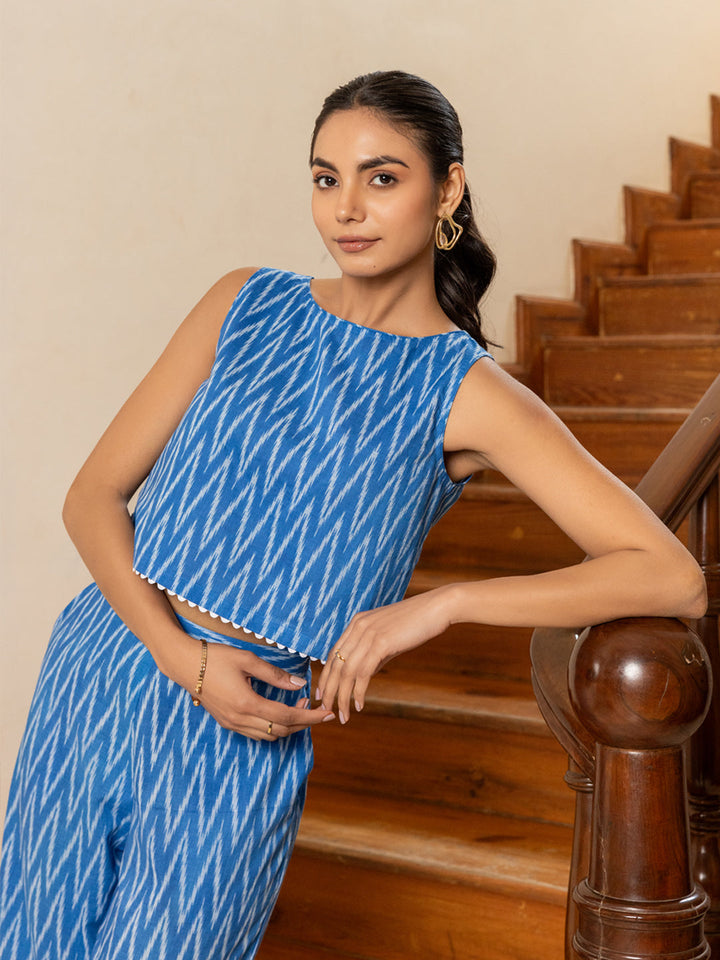 Blue-Cotton-Ikat-Printed-Sleeveless-Co-Ord-Set