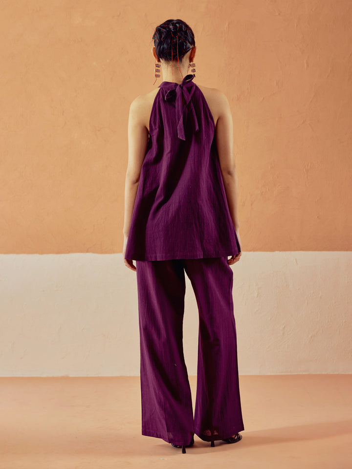 Wine Linen Blend Halter Neck Relaxed Fit Co-Ord Set