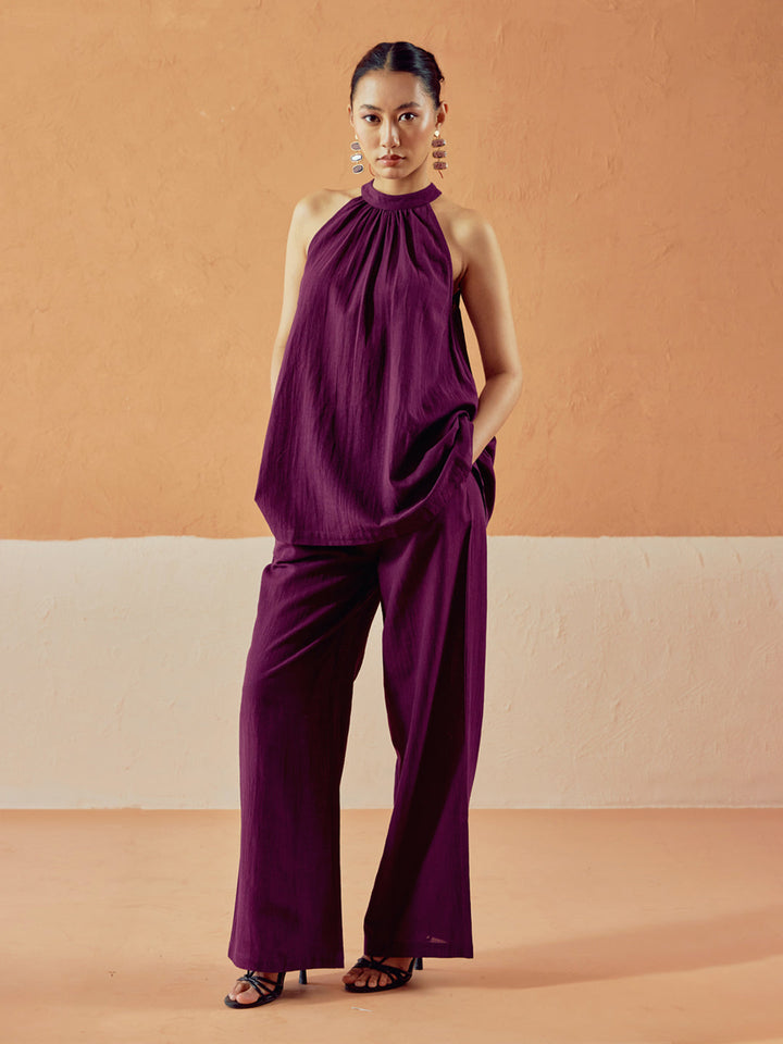 Wine Linen Blend Halter Neck Relaxed Fit Co-Ord Set