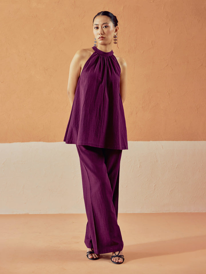 Wine Linen Blend Halter Neck Relaxed Fit Co-Ord Set