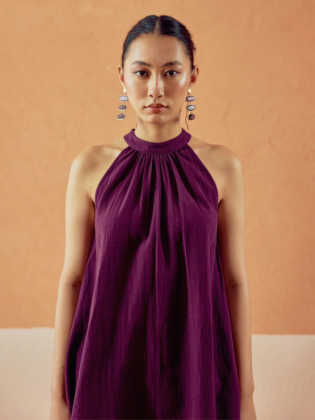 Wine Linen Blend Halter Neck Relaxed Fit Co-Ord Set