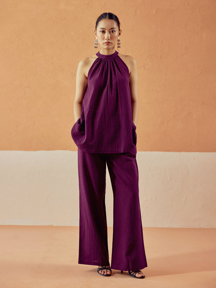Wine Linen Blend Halter Neck Relaxed Fit Co-Ord Set