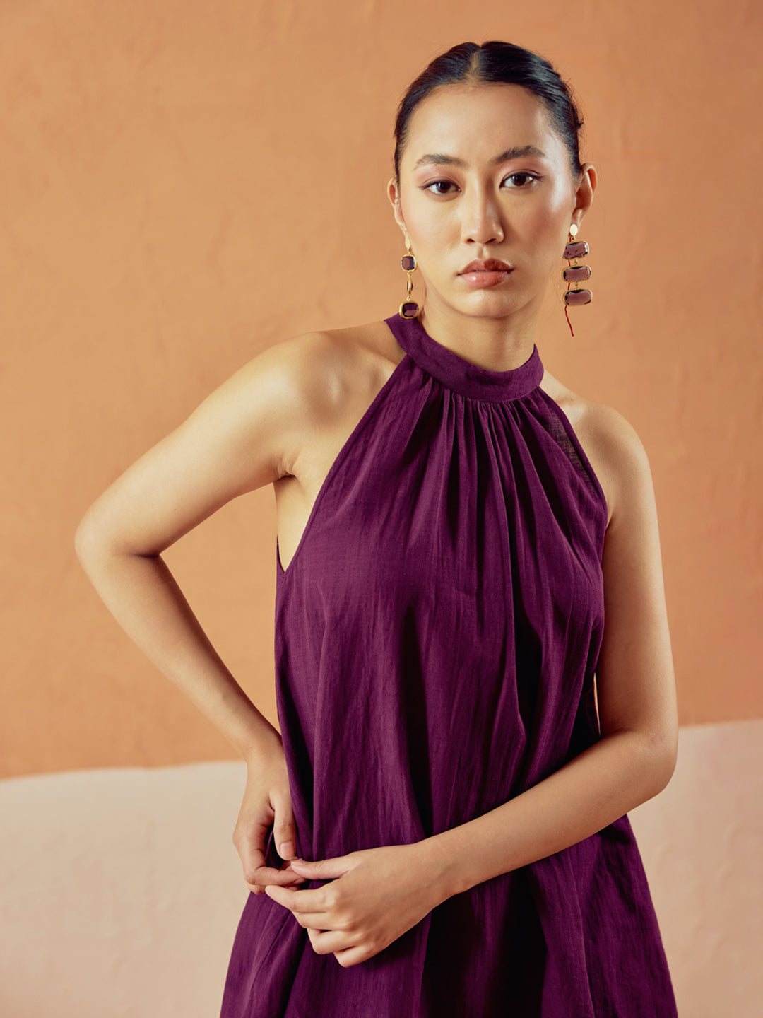 Wine Linen Blend Halter Neck Relaxed Fit Co-Ord Set