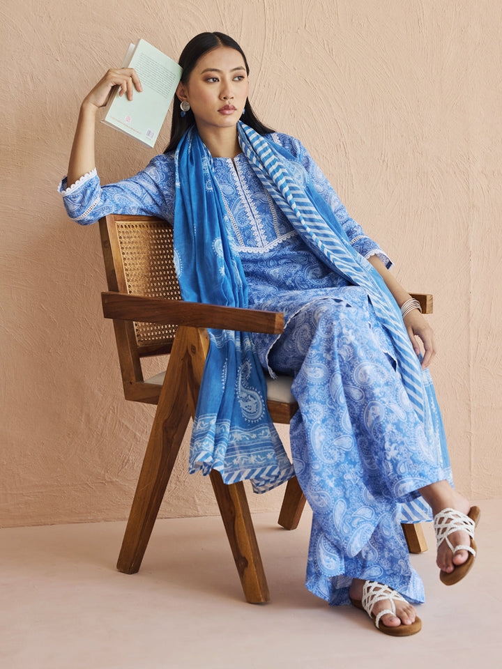Blue-Cotton-Paisley-Printed-3-Piece-Kurta-Set