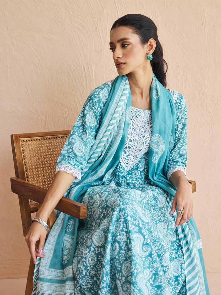 Sky-Blue-Cotton-Firozi-Printed-Anarkali-3-Piece-Kurta-Set