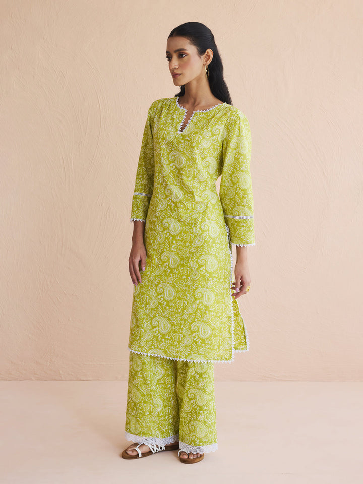Lime-Green-Cotton-Paisley-Printed-Straight-2-Piece-Kurta-Set