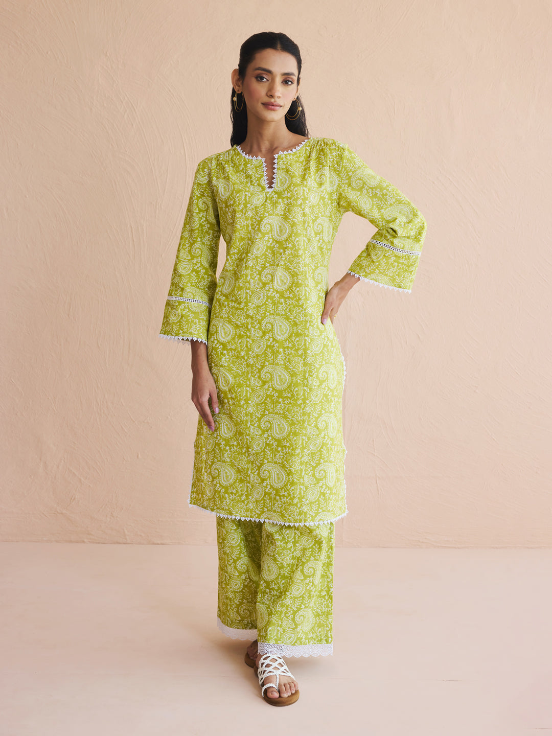 Lime-Green-Cotton-Paisley-Printed-Straight-2-Piece-Kurta-Set