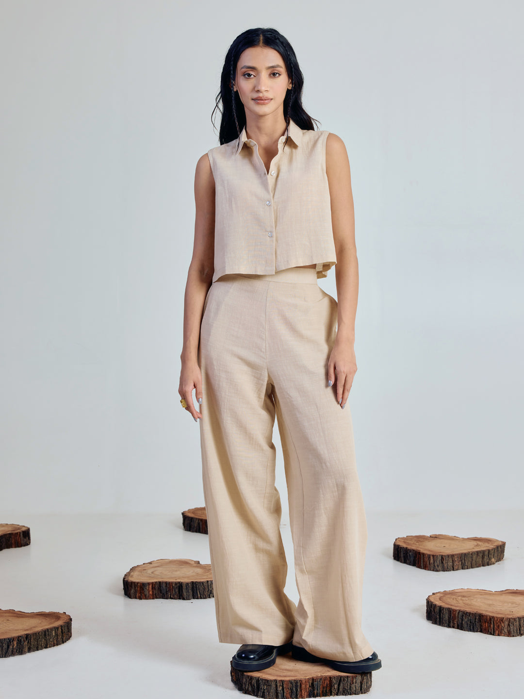 Beige Linen-Blend Loose Relaxed Fit Co-Ord Set