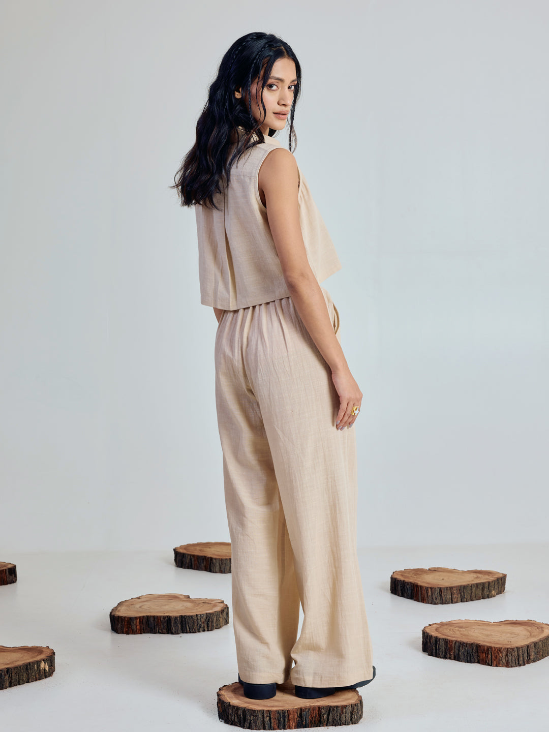 Beige Linen-Blend Loose Relaxed Fit Co-Ord Set