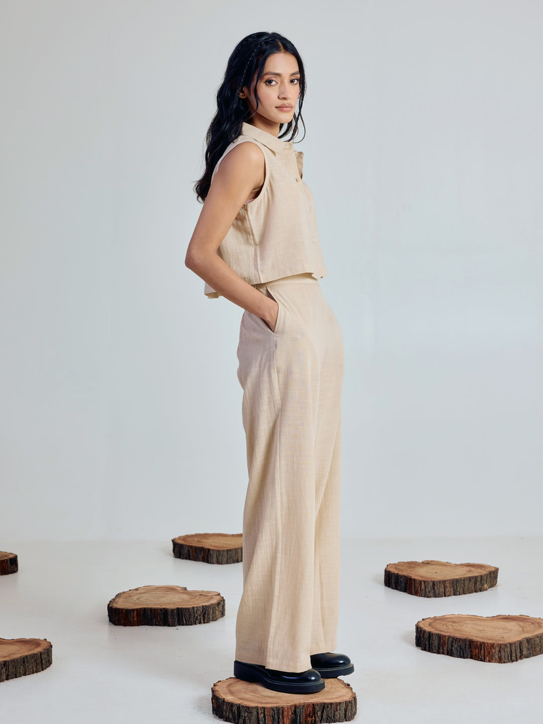 Beige Linen-Blend Loose Relaxed Fit Co-Ord Set