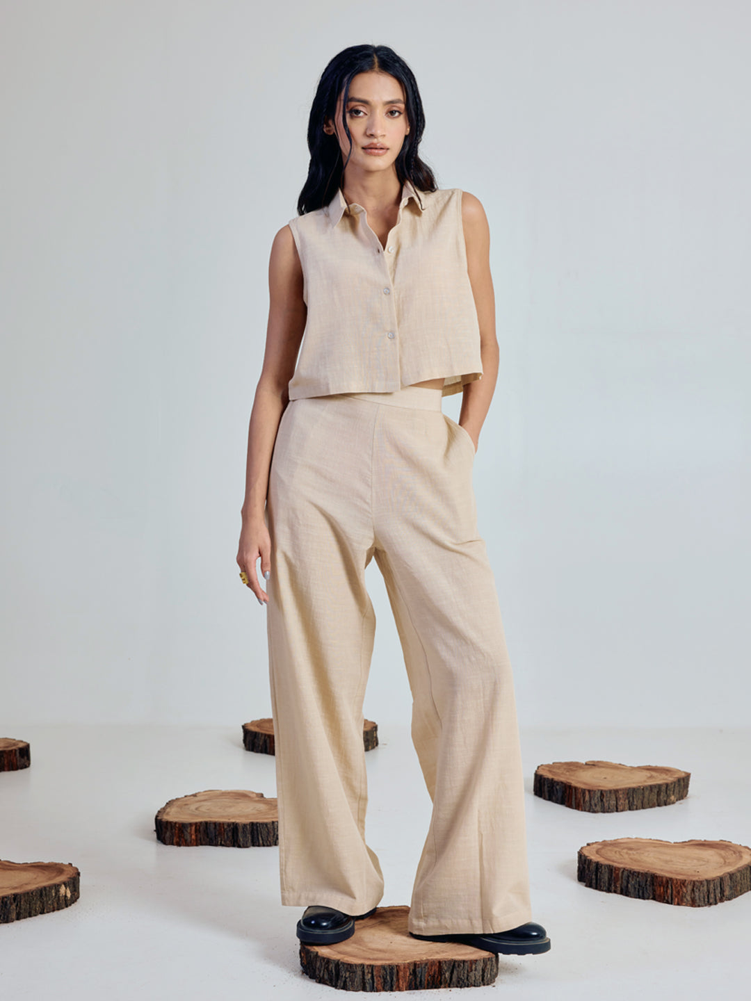 Beige Linen-Blend Loose Relaxed Fit Co-Ord Set