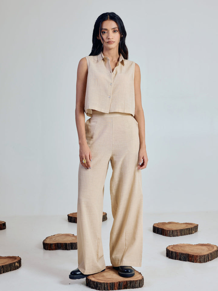 Beige Linen-Blend Loose Relaxed Fit Co-Ord Set
