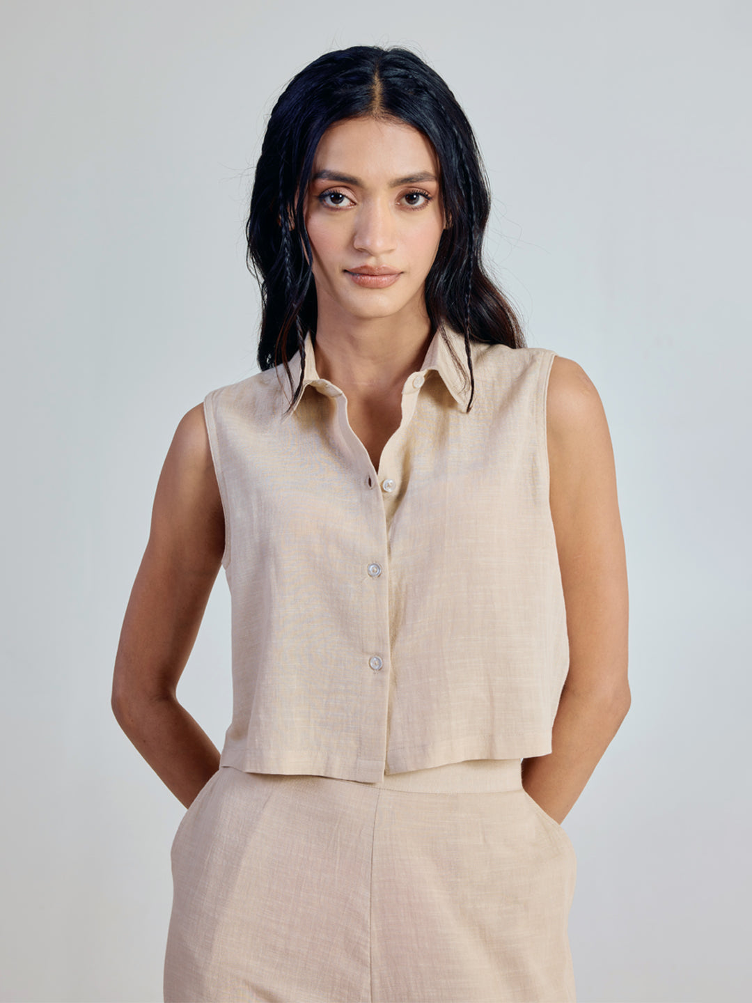 Beige Linen-Blend Loose Relaxed Fit Co-Ord Set