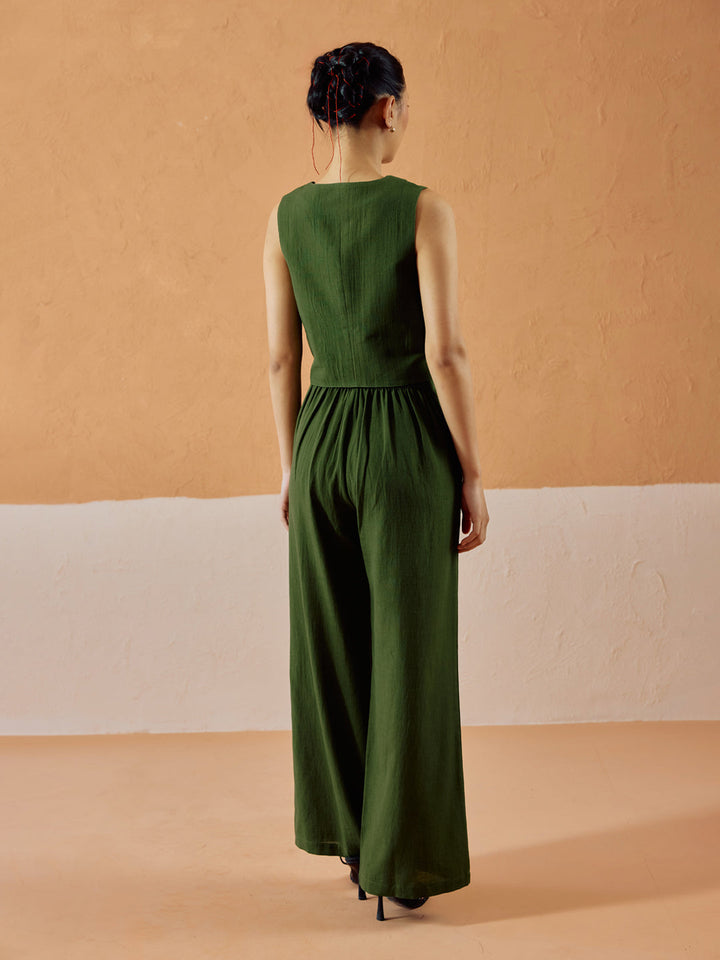 Green Linen Blend Sleeveless V-Neck Relaxed Fit Co-Ord Set