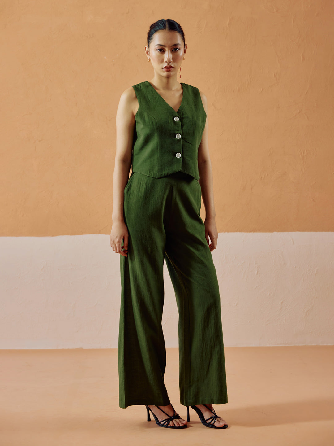 Green Linen Blend Sleeveless V-Neck Relaxed Fit Co-Ord Set