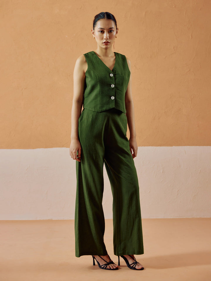Green Linen Blend Sleeveless V-Neck Relaxed Fit Co-Ord Set