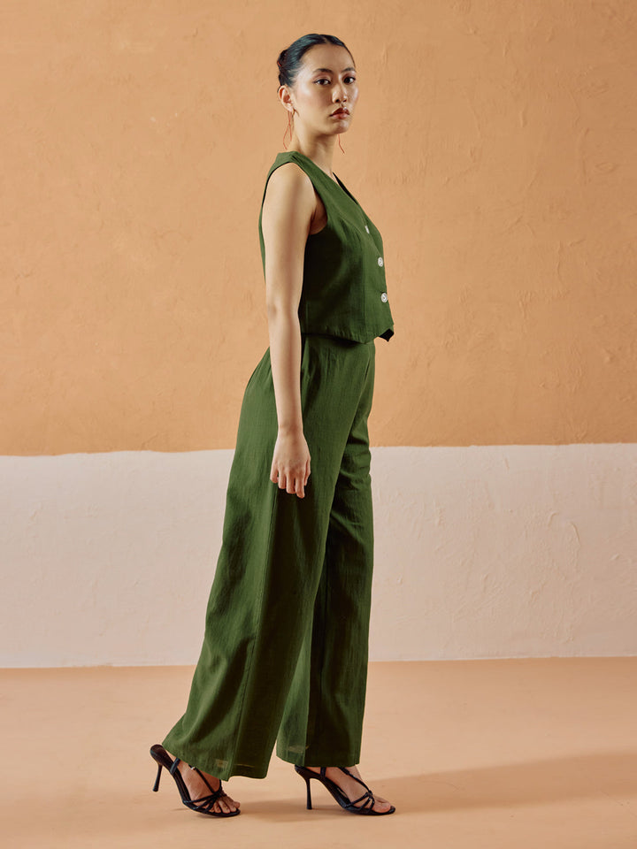 Green Linen Blend Sleeveless V-Neck Relaxed Fit Co-Ord Set