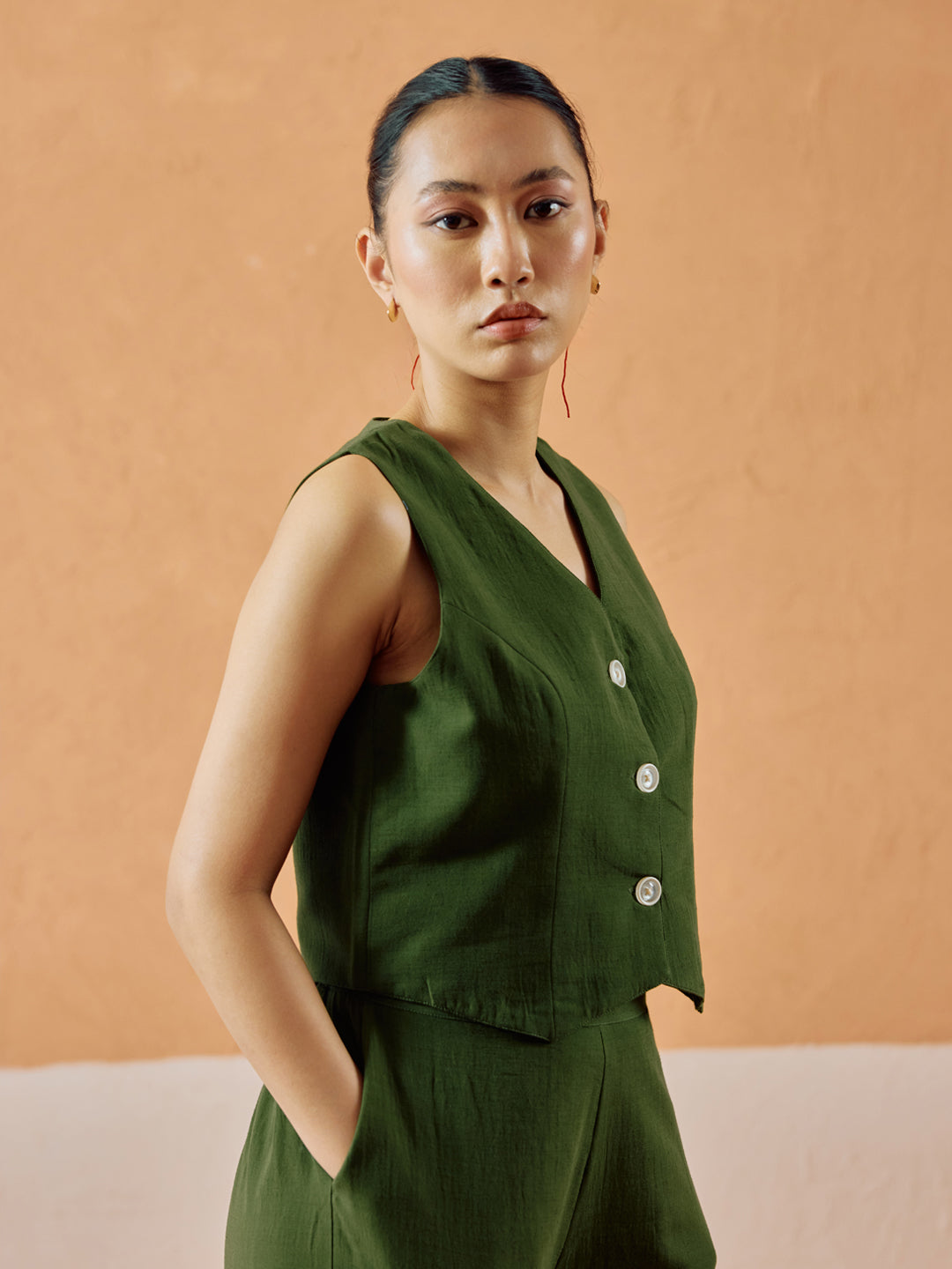 Green Linen Blend Sleeveless V-Neck Relaxed Fit Co-Ord Set