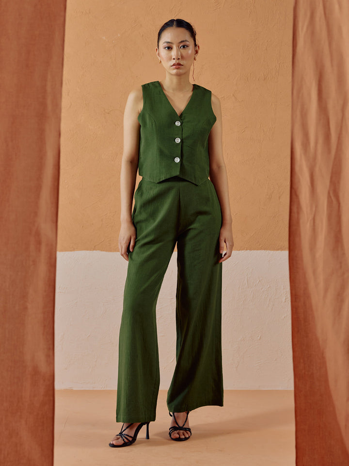 Green Linen Blend Sleeveless V-Neck Relaxed Fit Co-Ord Set