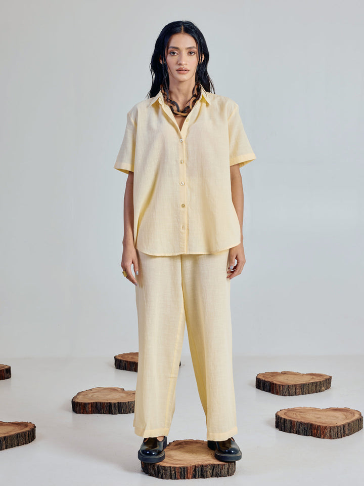 Light Yellow Linen-Blend Loose Relaxed Fit Co-Ord Set