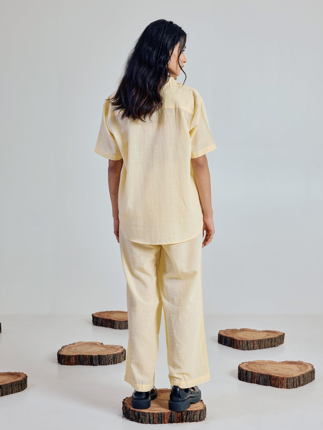 Light Yellow Linen-Blend Loose Relaxed Fit Co-Ord Set