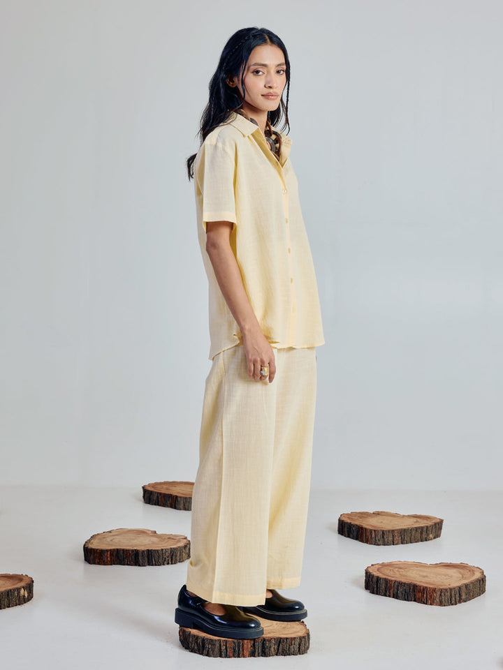 Light Yellow Linen-Blend Loose Relaxed Fit Co-Ord Set
