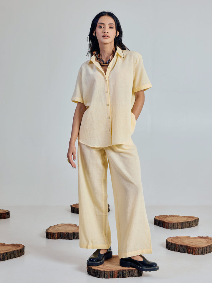 Light Yellow Linen-Blend Loose Relaxed Fit Co-Ord Set