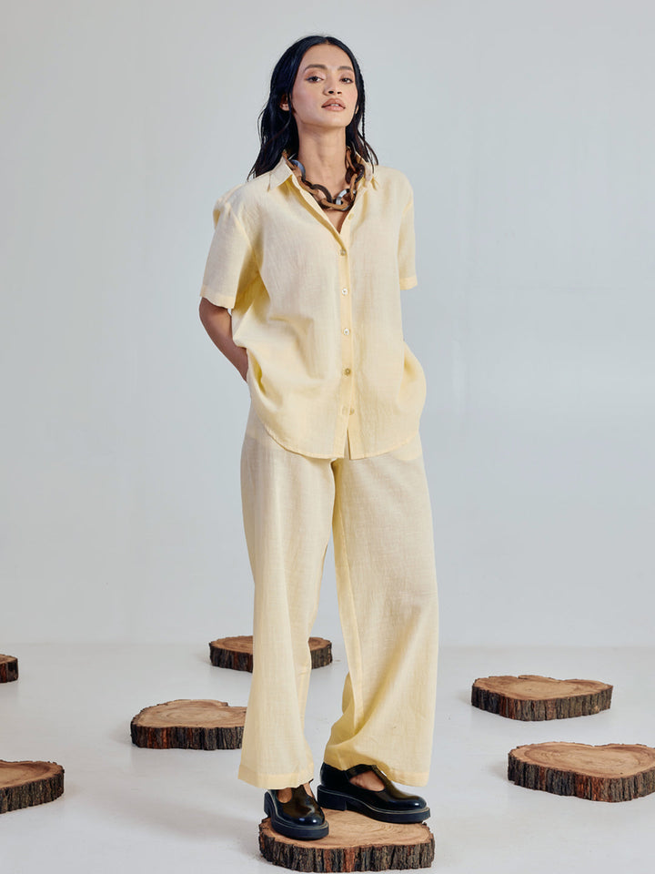Light Yellow Linen-Blend Loose Relaxed Fit Co-Ord Set
