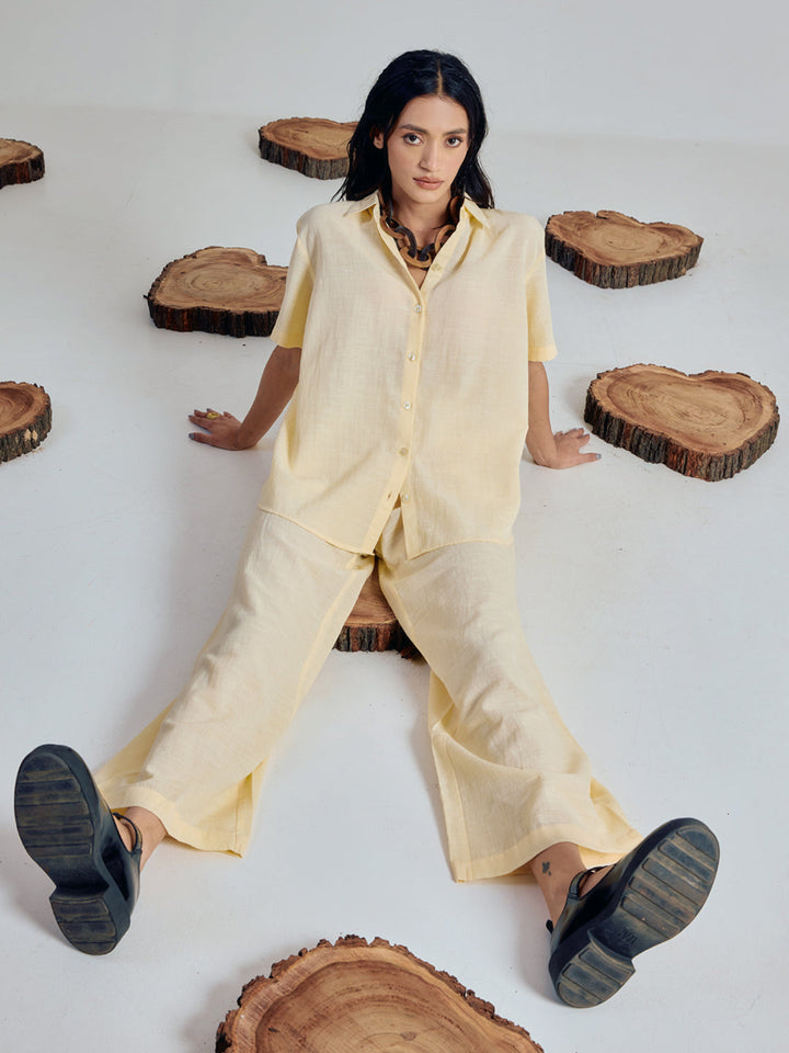 Light Yellow Linen-Blend Loose Relaxed Fit Co-Ord Set